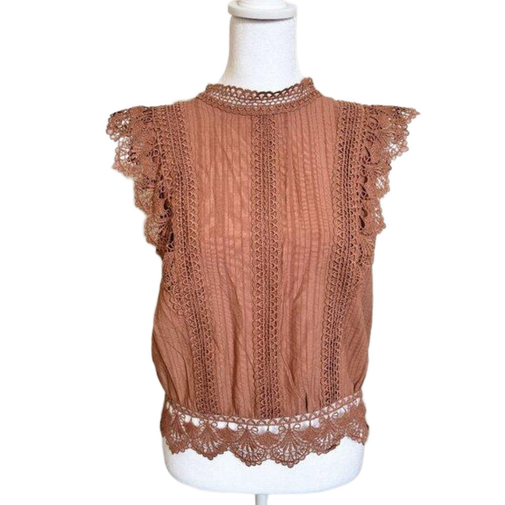 Embroidered Rust color top by MINE, Cap sleeves, Lace finishes, size Med